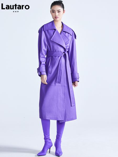 

women's leather faux lautaro spring autumn long luxury elegant purple colored trench coat for women sashes runway designer fashion 2211, Black