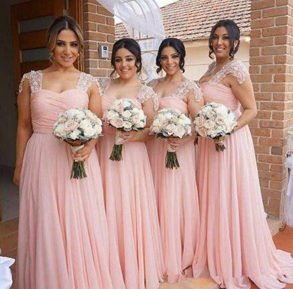 

elegant pink bridesmaid dresses long chiffon gowns country style beach maid of honor party gowns wedding formal wear5365363, White;pink