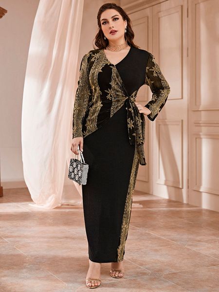 

plus size toleen size large maxi autumn winter long sleeve chic elegant muslim turkish party evening robe clothing 221119, Black