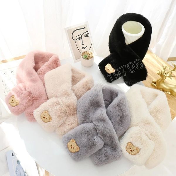 

bear embroidery faux rabbit fur scarf soft plush winter skiing warm scarf thicken imitation fur cross shawls neck warmer, Red;brown