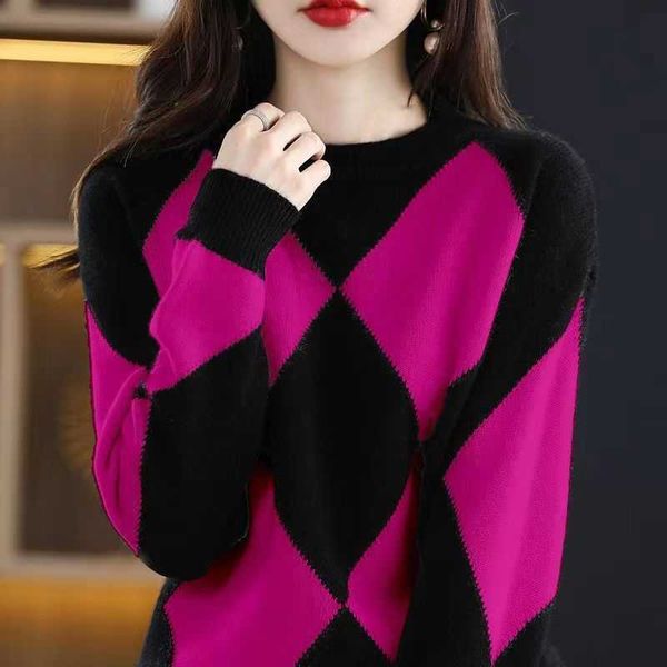 

women's knits tees fashion o-neck spliced knitted korean color sweater women clothing 2022 autumn new loose casual pullovers all-match, White
