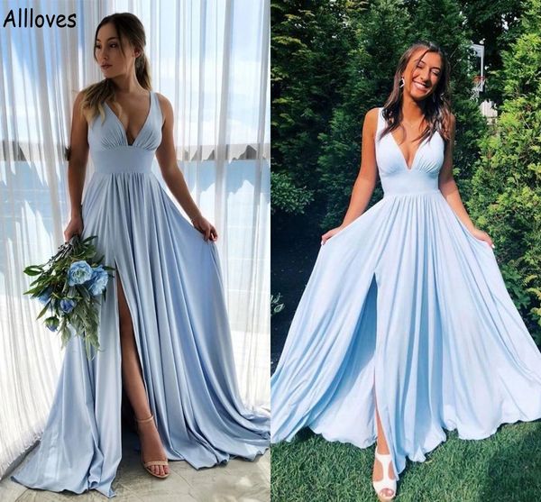 

light sky blue chiffon a line bridesmaid dresses long deep v neck side split summer wedding guest party gowns ruched plus size maid of honor, White;pink