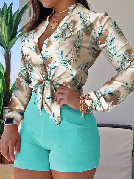 

women's two piece pants plants tropical print long sleeve tie front crop shorts set with belt women two piece set t221012, White