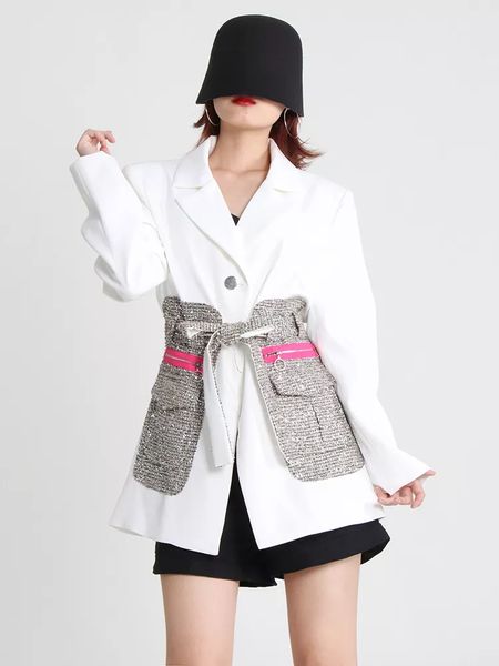 

women's suits & blazers patchwork belted straight party cocktial notched collar colorblock vintage female autumn clothes, White;black