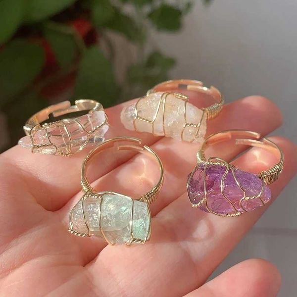 

bulk wholesale jewelry handmade wire wrap natural raw crystal rings healing stone for women green fluorite clear quartz citrine amethyst pin, Silver
