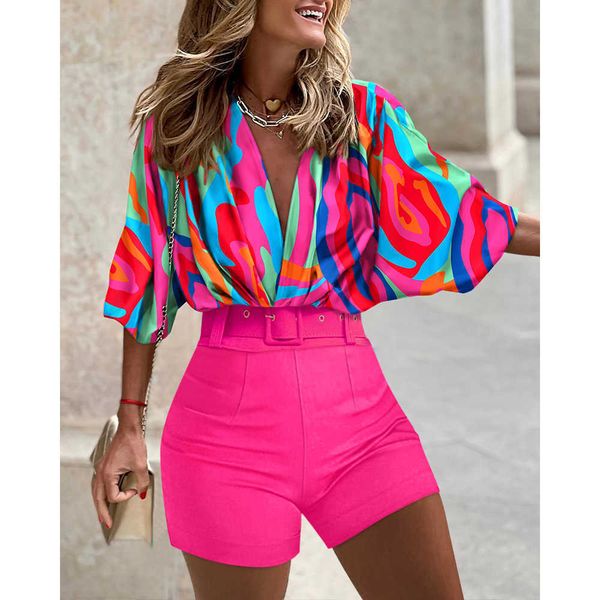 

women's two piece pants women abstract print batwing sleeve and shorts set with belt 2022 autumn streetwear two piece suit t221012, White