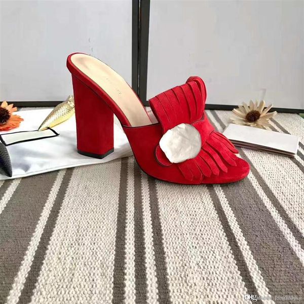 

classic woman sandals lady summer sandals metal buckle leather high heeled shoes coarse heel10cm half slippers 34-422395, Black