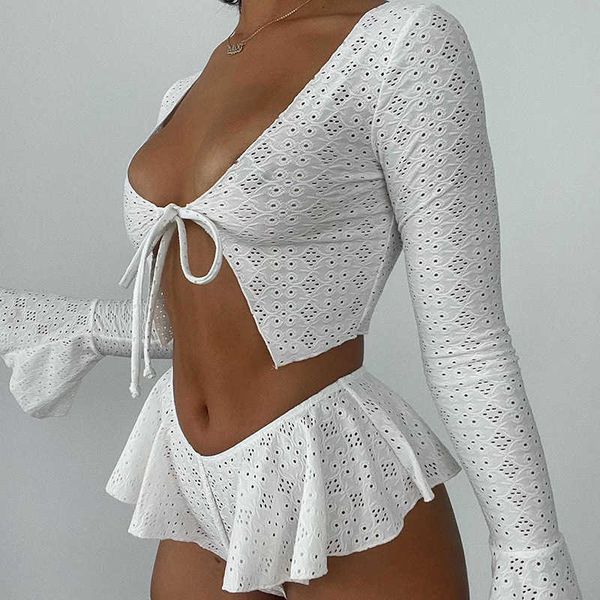 

women's two piece pants two piece set women polka hole tracksuits flare long sleeve tie up crop low waist shorts 2022summer grunge clo, White