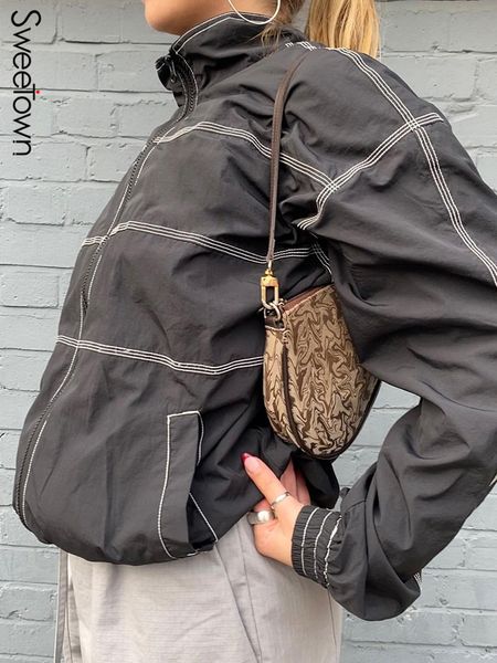 

women's jackets sweetown contrast stripe stitched black bomber women cargo style zip up stand collar fall coats casual streetwear cloth, Black;brown