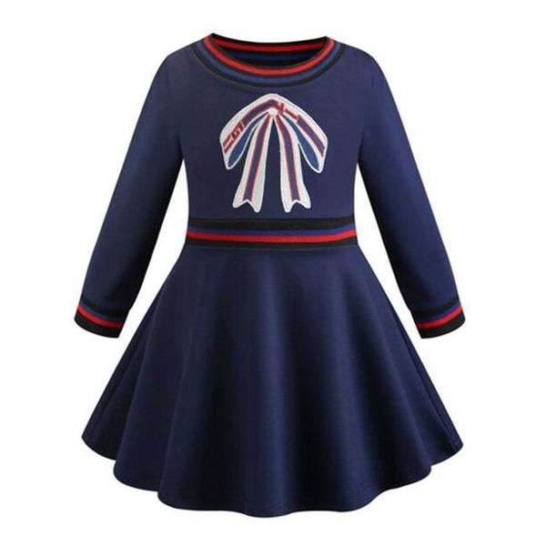 

2022 spring new banquet elegant girls dresses fashion o-neck long sleeve blue girls kids dress with bow comfortable cotton288i, Red;yellow