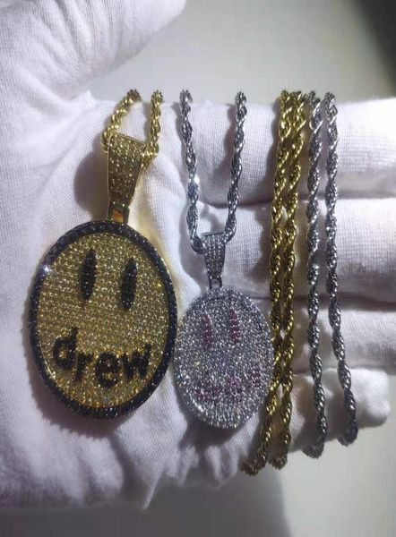

hip hop rapper full aaa cz zircon ice out bling drew smiling face pendants necklace for men women lovers jewelry gold color 2010139101045, Silver