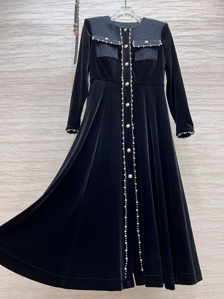

casual dresses luxury designer designed korean velvet custom velvet fabric splicing wool cloth beading dress, Black;gray