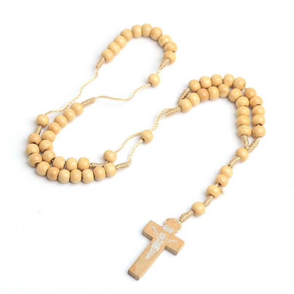 

handmade jewelry wholesale natural pine beads handmade cross necklace rosary catholic jewelry, Silver