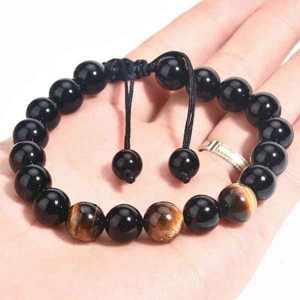 

10mm obsidian agate tiger eye handmade men's knitting bracelet jewelry, Black