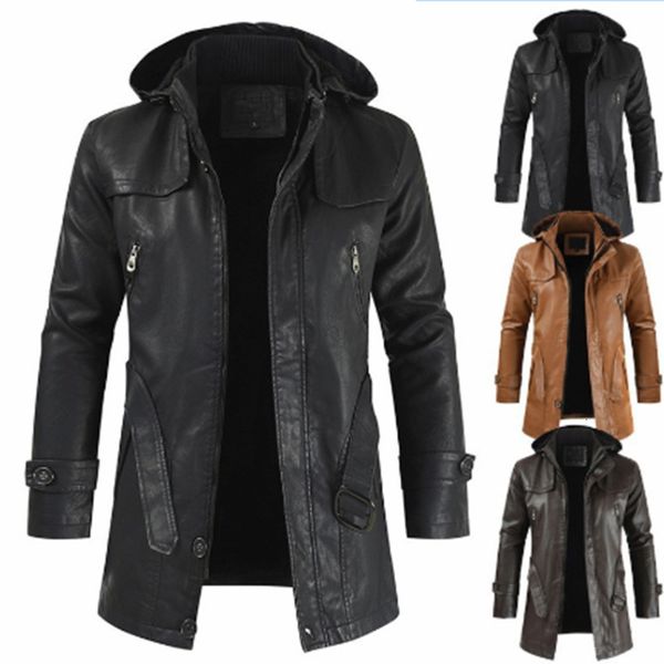 

men's leather faux autumn and winter medium long hooded men motorcycle riding leather coat wide comfortable large size windbrea 221119, Black