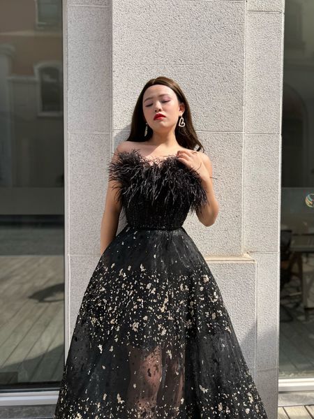 

party dresses black luxury feathers long arabic evening gown for women wedding beading dubai formal prom engagemant dress 221119, White;black