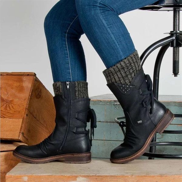 

-women martin boots black leather elastic low heels mid calf snow boots square platform lace up women winter warm shoes201y