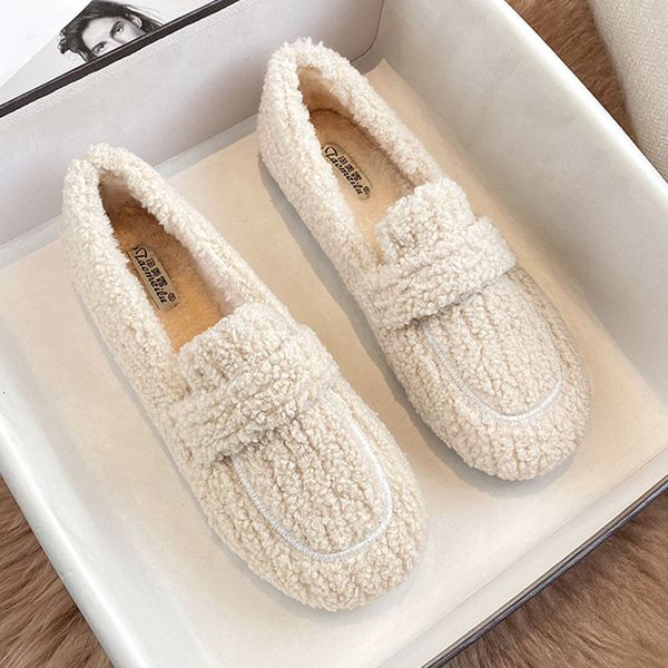 

dress shoes fashion luxury lambswool loafers moccasins femme winter cotton women warm plush curly furry sheep fur flats 221119, Black