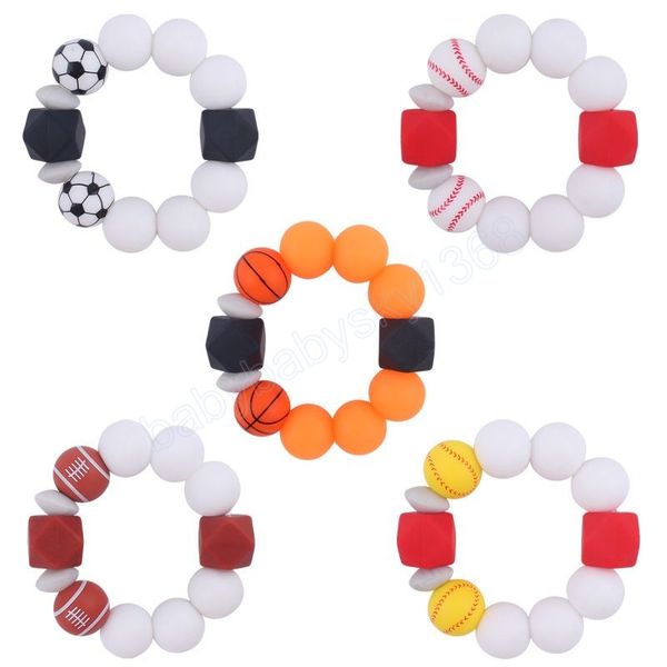 

baby teethers toys wristband silicone teething beads cartoon football teether newborn teeth practice food grade soother infant feeding kids