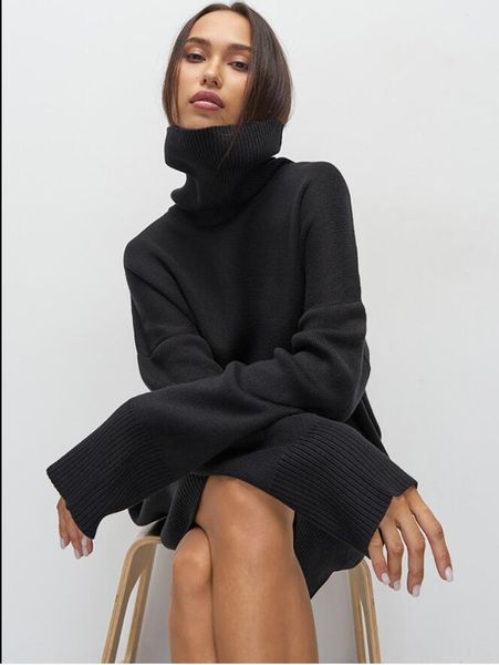 

2023 winter turtleneck solid long knitted sweater dress autumn women vintage oversize pullovers winter thick warm ladies soft knitwear fashi, White;black
