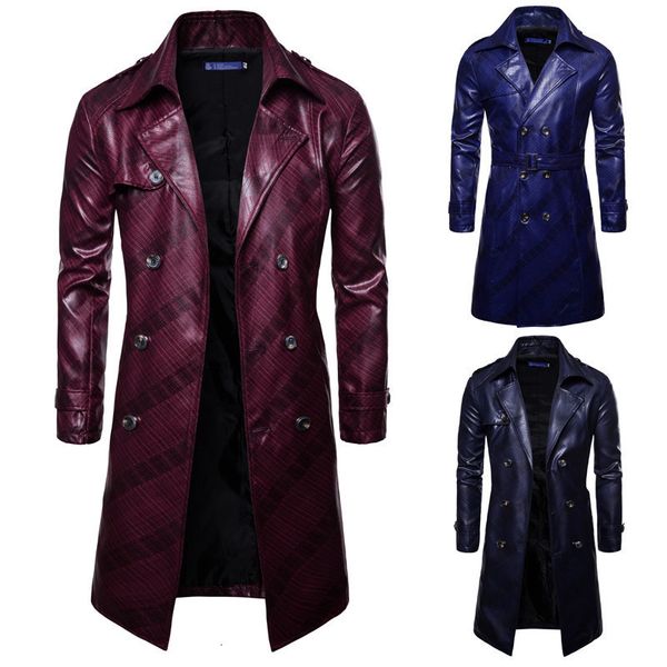 

men's jackets men long trench coat fashion slim fit pu leather long overcoat double breasted autumn winter british male coat trench 221, Black;brown