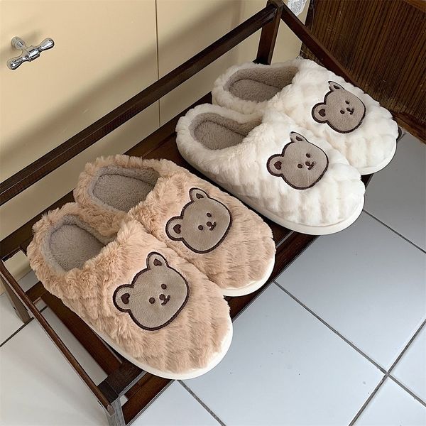 

slippers winter home warm indoor animal fluffy slides plush cute bear for women men kawaii flat cartoon shoes 221119, Black