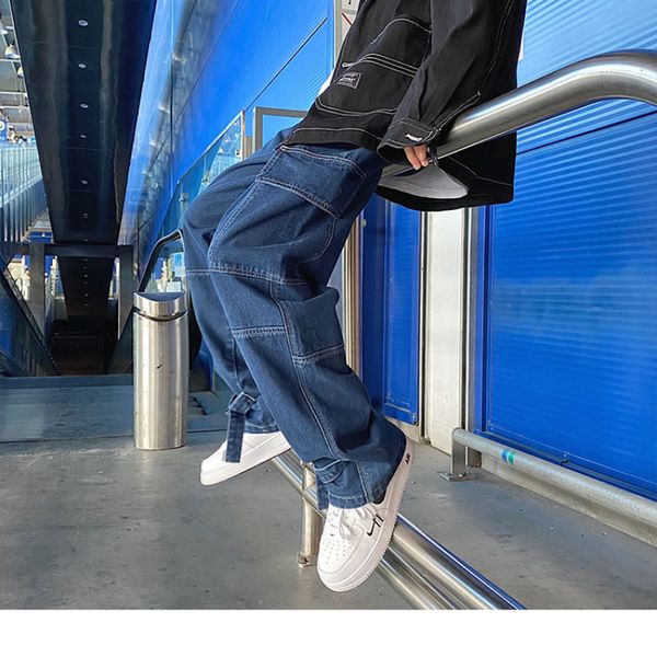 

men's jeans loose wide leg multipocket overalls straight hip hop streetwear fashion 221119, Blue