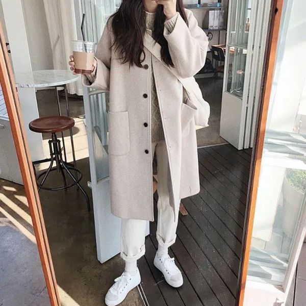 

women's wool blends lucyever autumn winter woolen coat women classic college style single breasted windbreaker long sleeve outerwear la, Black