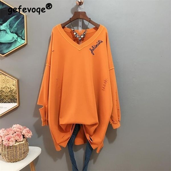 

women's hoodies sweatshirts hole letter embroidery v neck long sleeve pullover tunic female casual korean streetwear oversized sweatshi, Black