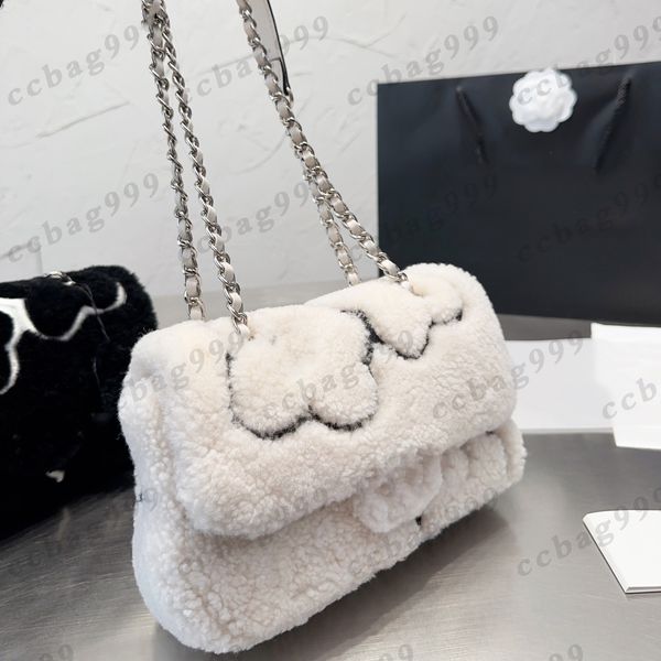 

22f/w wooled lambs flower designer bags fur black white contrast silver metal chain shoulder strap large capacity handbags french luxuries c