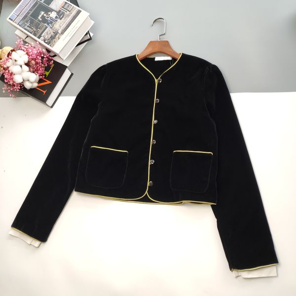 

new women's jacket rare velvet retro style coat pure black with gold yellow gold ribbed round neck high sense, Black;brown