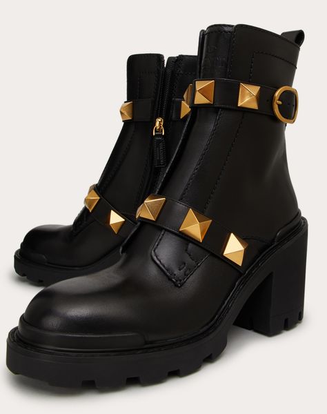 

roman stud calfskin military boot 8.5cm heel vintage brass do old effect 1.8 x 1.8 cm oversize rivets, Black