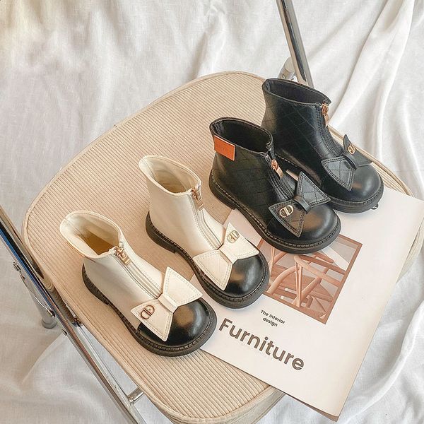 

boots kids girls winter pu leather cute bowknot princess shoes 221121, Black;grey