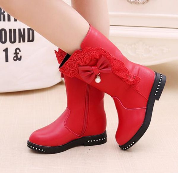 

boots autumn kids single boots children' snow winter warm girls leather fashion princess plus velvet lace bow shoes l221121, Black;grey