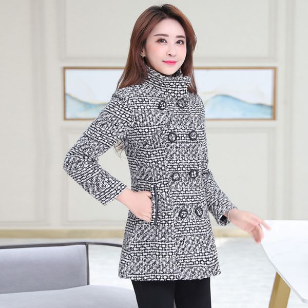 

women's wool blends m-6xl women coat autumn winter fashion mother overcoat turtleneck plaid slim long tweed en outerwear female 221121, Black