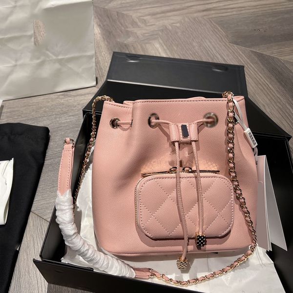 

womens designer caviar drawstring bucket bags calfskin gold metal hardware matelasse chain shoulder purse black/beige/grey/blue/pink/white o