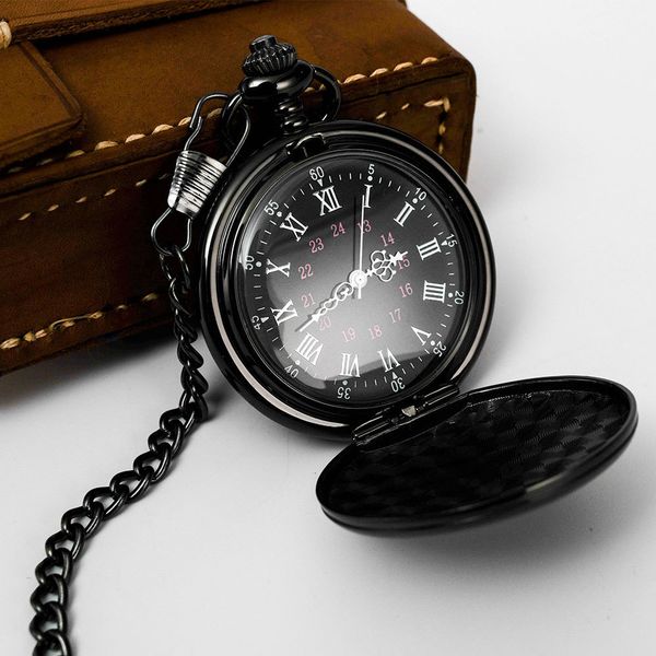 

pocket watches personalized retro smooth men black watch silver polish quartz fob pendant with chain custom engraved gift 221121, Slivery;golden