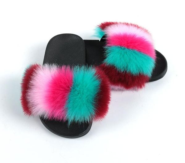 

2021 kid summer faux fur slides outdoor fluffy slippers children flat beach sandals girls fake furry flip flops boys plush sliders7035435, Black;grey