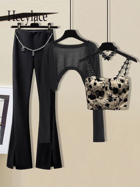 

women's two piece pants summer 3 sets outfit streetwear sling long sleeve irregular sunscreen flare clothing 221121, White