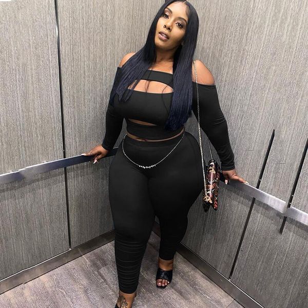 

women's plus size tracksuits outfit clubwear two piece set women backless off shoulder and pants bodycon plus size clothing drop wholes, Black