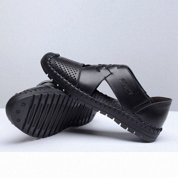 

breathables summer men hollow hole antiskid sandals breathable split sandal leather trend ankle wrap mens casual loafer shoe wholesale shoes, Black