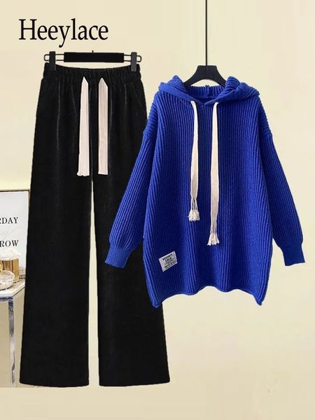 

women's two piece pants fall set for long sleeve hooded knitted and wide leg high waist pieces korean casual clothing 221121, White