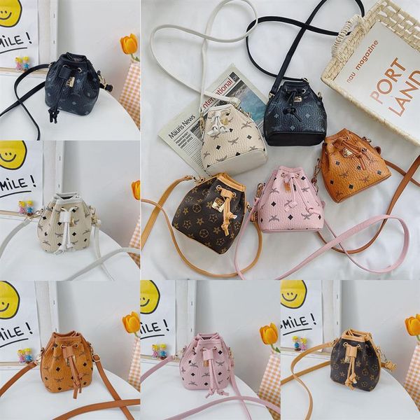 

5colors baby girls pu leather single shoulder handbags children letters print designer drawstring bucket bag fashion cute kids cro258s, Black