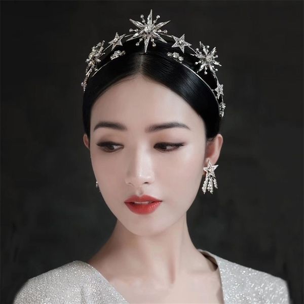 

wedding hair jewelry vintage european 6-point star crown tiaras gold color diadem princess women headband bridal accessories 221119, Slivery;golden