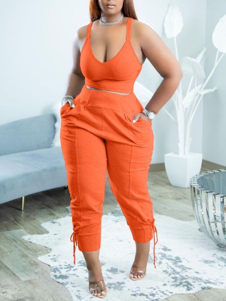 

women's plus size tracksuits lw plus size women cami bandage design pants set activewear casual gym workout fitness skinny streetwear c, Black