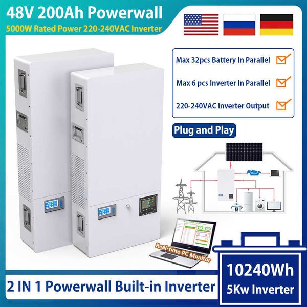 

48v 200ah lifepo4 powerwall battery 10240wh built-in 16s 200a bms 220-240vac 5kw inverter plug play for solar off/on grid no tax