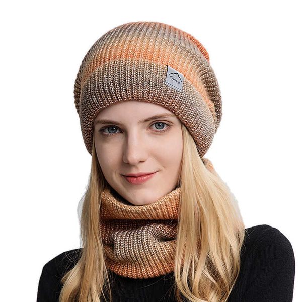 

winter beanies snood sets gradient color knitted warmer fashion outdoor windproof thicken tie dye scarf hat for women, Blue;gray