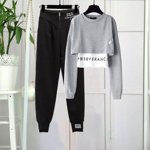 

women's two piece pants autumn casual letter printed tracksuit 2 set patchwork crop slim pullover zip sports set outfits 221121, White
