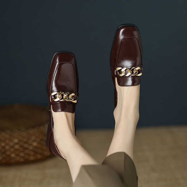 

dress shoes korean dongdaemun full leather chain lefu shoes 2023 spring new square head low heel cowhide deep mouth single shoes for women, Black