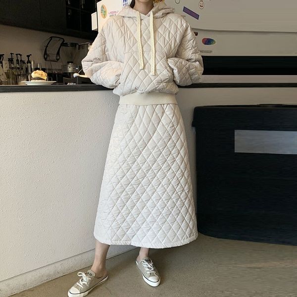 

two piece dress casual dresses women winter diamond quilted jacket cotton padded warm hooded pullover 2 piece sets high waist long skirt sol, White